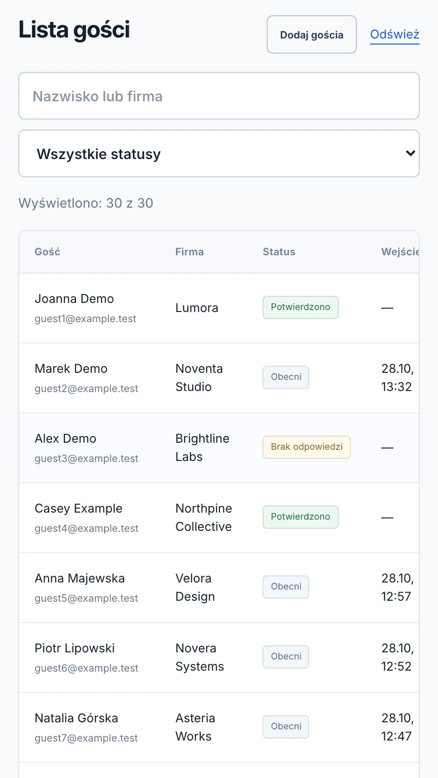Lista gości w panelu organizatora